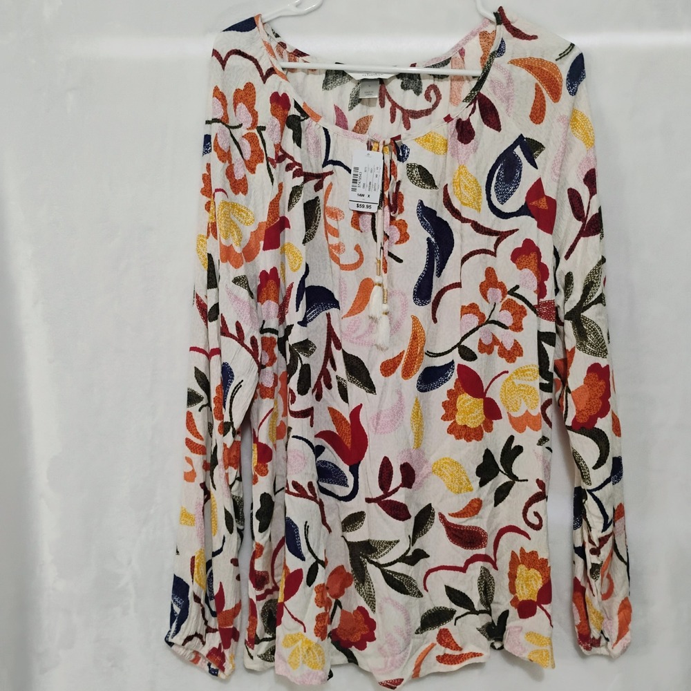Cj Banks Womens 14 W X Floral Peasant Blouse Long Sleeve Tassel Rayon Top NEW W